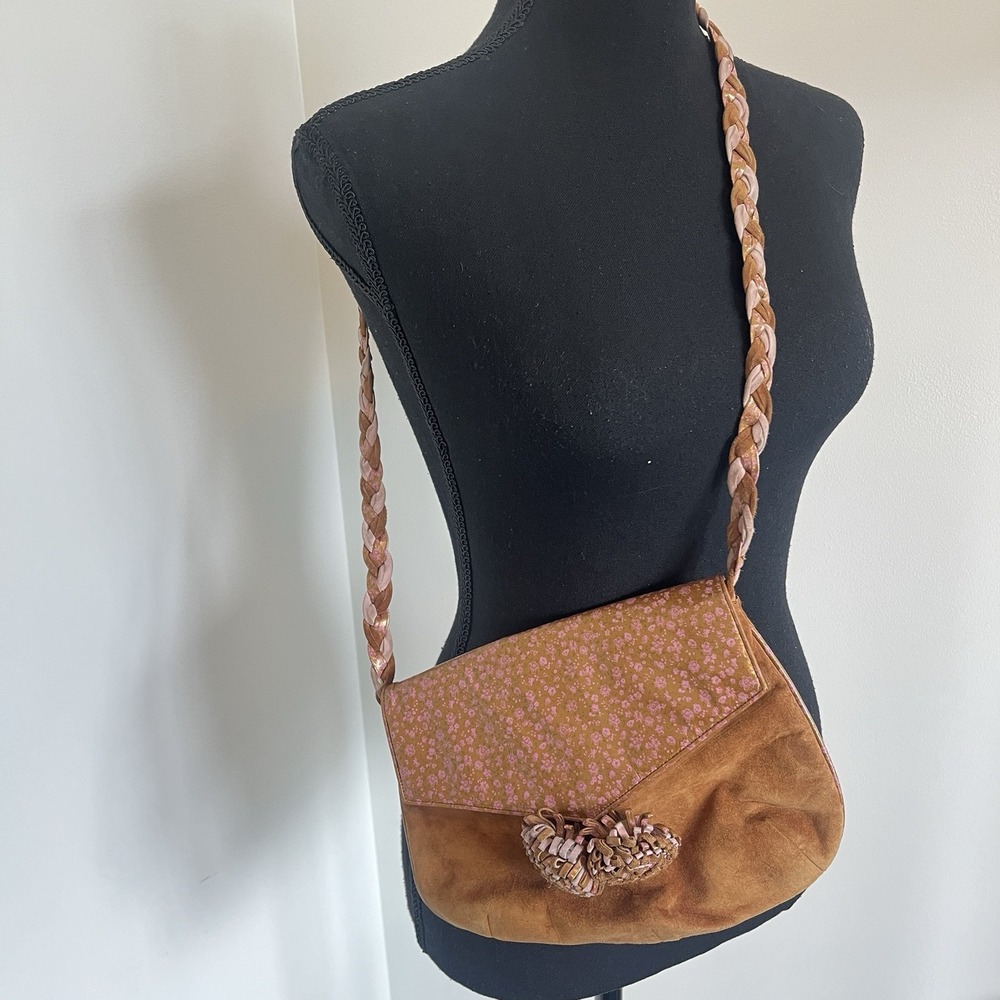 Vintage Maud Frizon Made in Italy Floral Leather Suede Crossbody Bag Boho